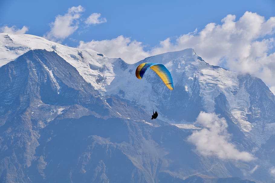 paragliding, paraglider, mountains, glacier, sailing, wing paraglider ozone rush 5, rhône - alpes, mont blanc, aiguille du midi, haute savoie