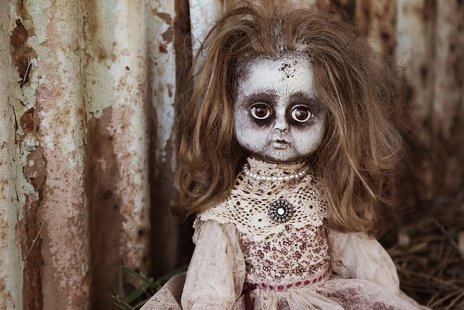 monster doll, wearing, white, dress, doll, creepy, spooky, horror, portrait, looking at camera