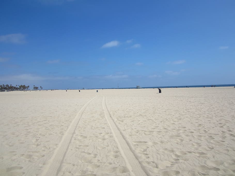 Sand, Traces, Venice Beach, beach, tire tracks, sand beach, sky, blue, desert, cloud - sky