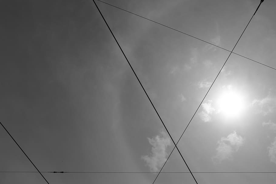 cables, lines, sun, sky, clouds, cable, low angle view, electricity, cloud - sky, power line