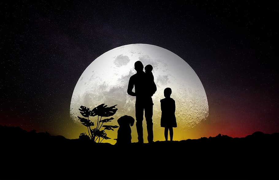 silhouette, man, carrying, baby, dog, moon, family, girl, happiness, exploration