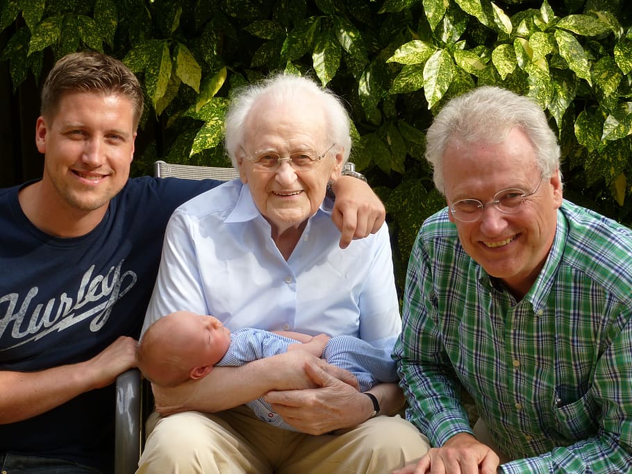 three, men, taking, baby, daytime, family, generations, great-grandparents, son, father