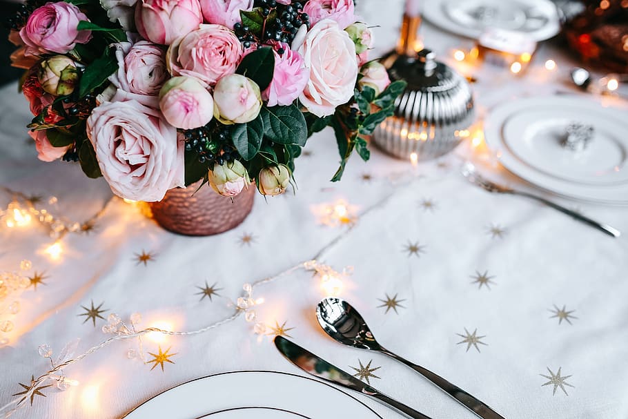 mesa, decoraciones, juego de mesa, rosa, fiesta, glamour, navidad, planta, flor, planta floreciendo