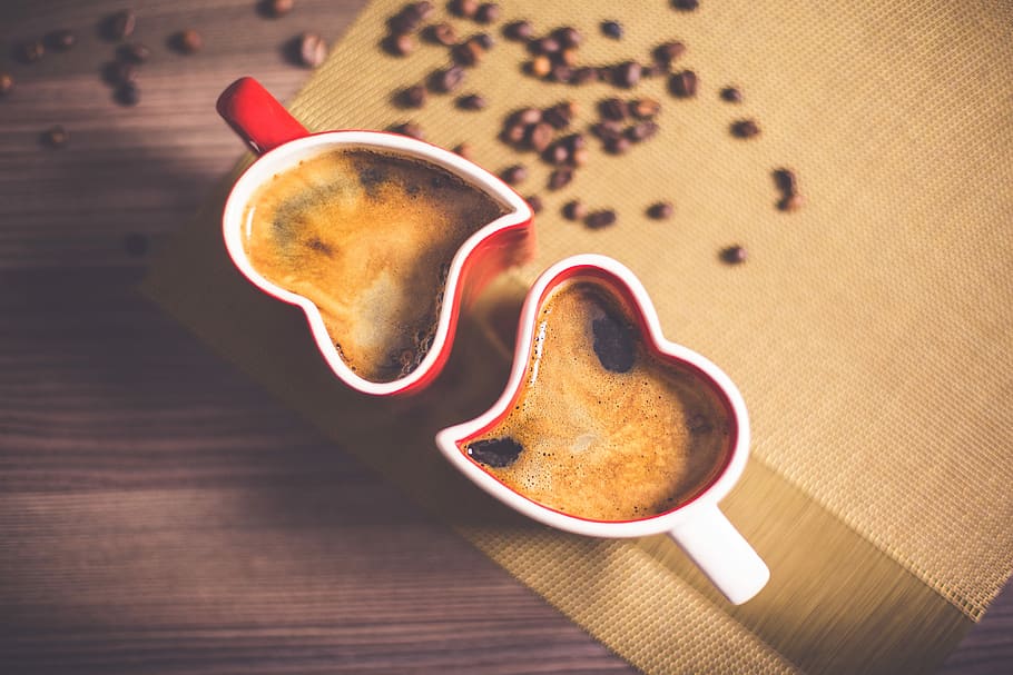 lovely, heart coffee cups, Romantic, Heart, Coffee, Cups, cafe, coffee beans, coffee cup, couple