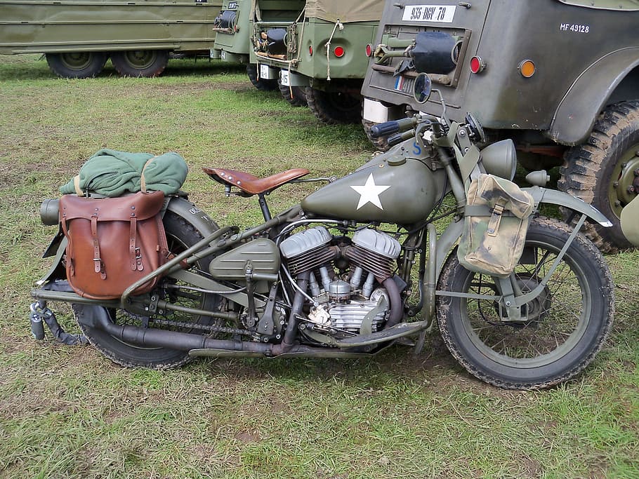 vintage motorcycles, second war, landing normandy, mode of transportation, transportation, land vehicle, field, land, day, grass