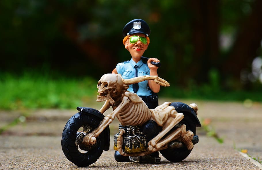motociclista, esqueleto, policial, controle, assustador, estranho, decoração, osso, crânio, ossos cruzados