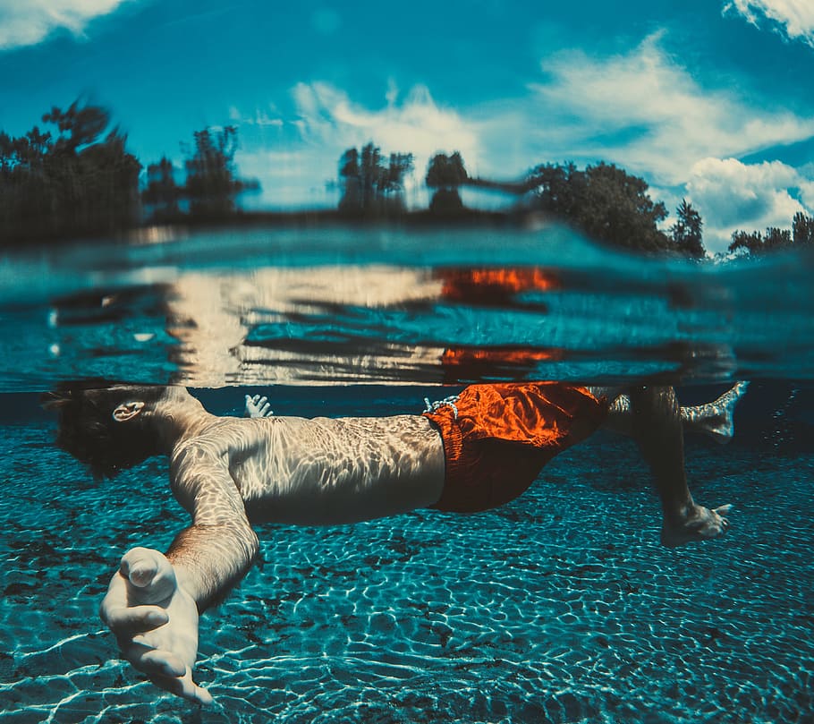 man, back, floating, body, water, daytime, underwater, photography, blue, sky