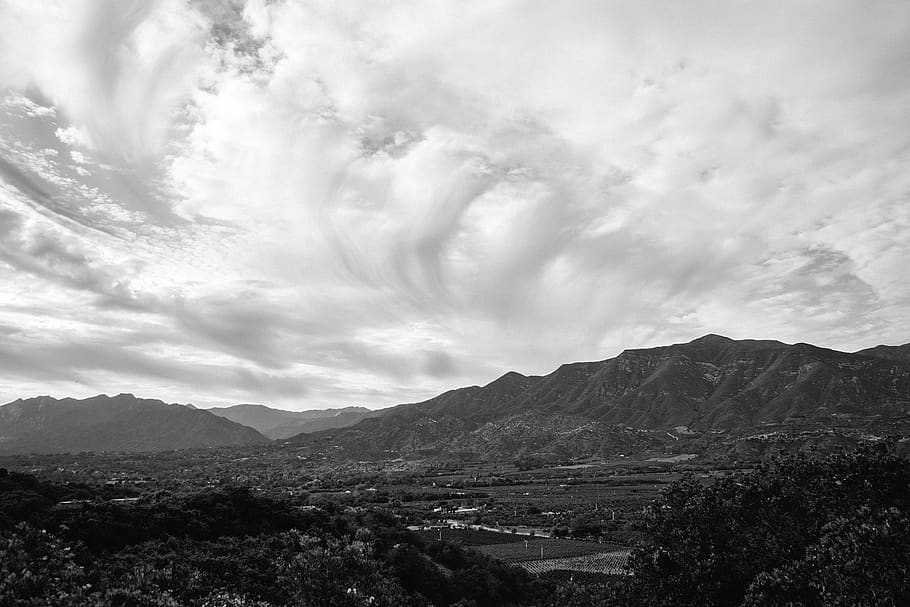 Ojai, California, landscape, mountains, hills, valleys, fields, rural, sky, clouds