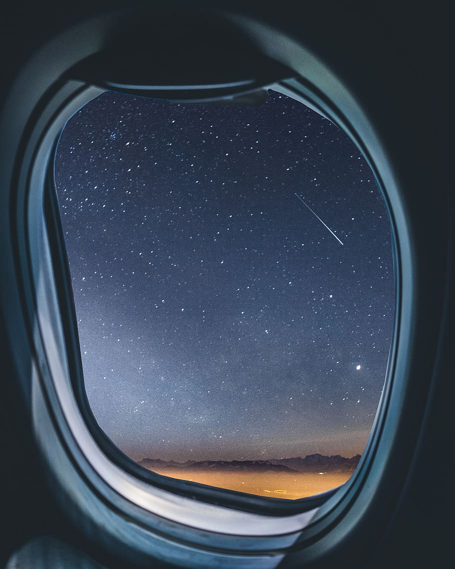 pesawat terbang, jendela, milkyway, bintang jatuh, meteorid, langit, kaca - bahan, interior kendaraan, tidak ada orang, bintang - ruang