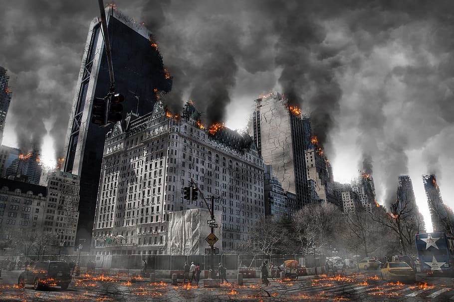 gray, concrete, buildings photo, apocalypse, war, armageddon, destruction, nuclear, disaster, explosion