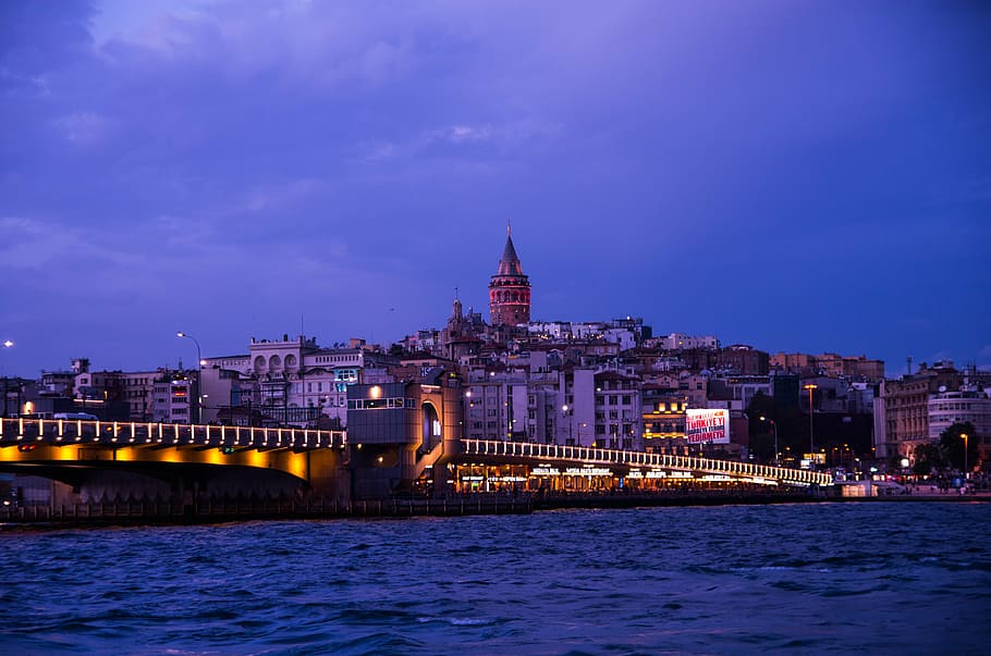 city lights, landscape, increased, galata, istanbul, river, architecture, famous Place, night, cityscape