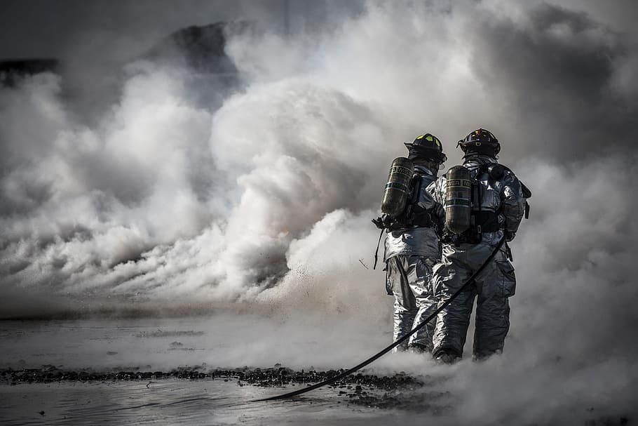 two, man, fire suit, smoke, firefighters, training, live, fire, protection, danger