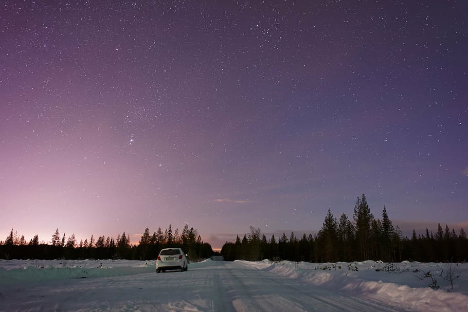 white, vehicle, traveling, snowy, road, tree, starry skies, car, snow, starry
