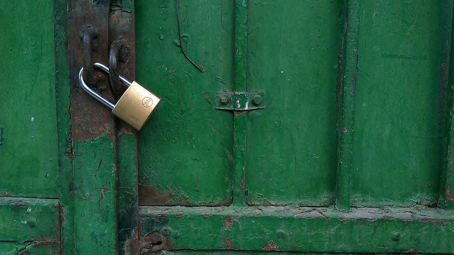 cadeado, puerta metalica, verde, segurança, óxido, ferro, forjamento, velho, travar, cor verde