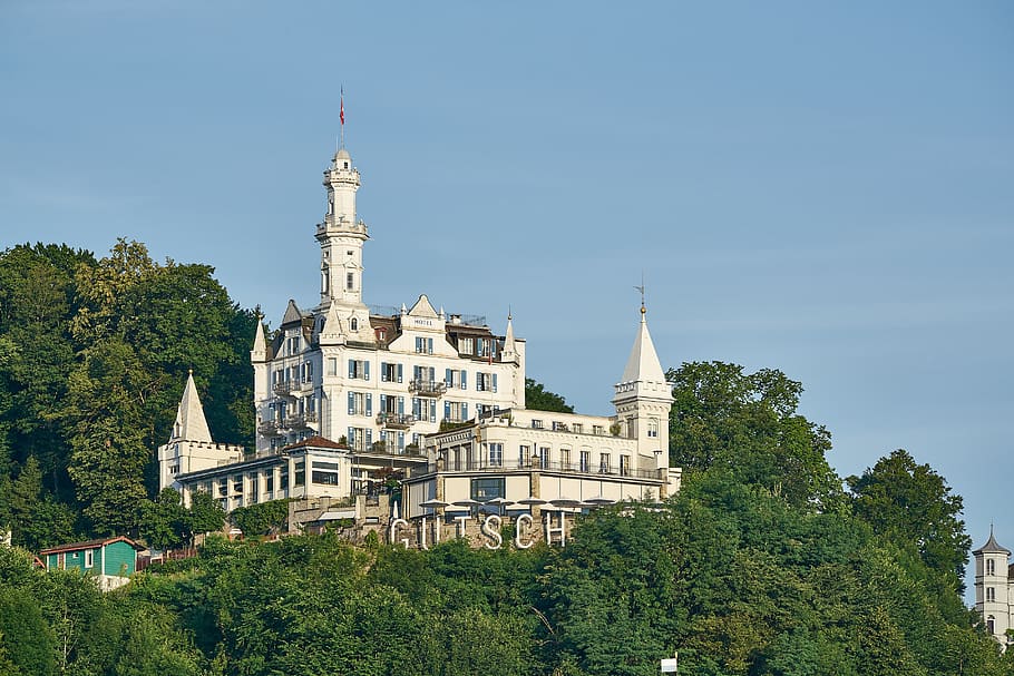 Gütsch, Hotel, bangunan, Luzern, kastil, putih, Chateau, Swiss, mencari, Agung
