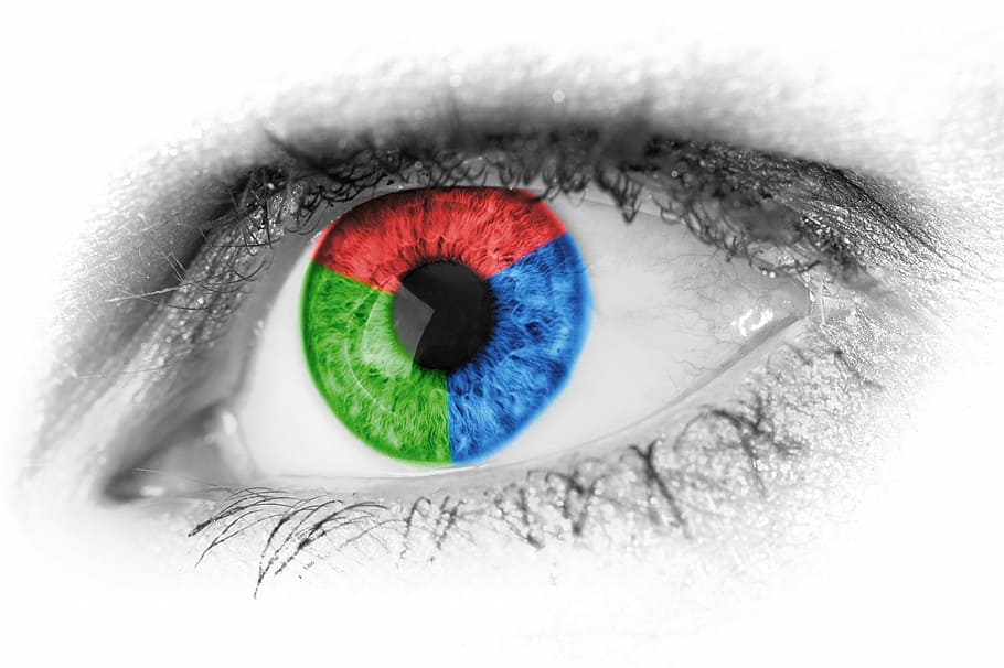 person, blue, red, green, iris, abstract, primary, colors, close-up, detail