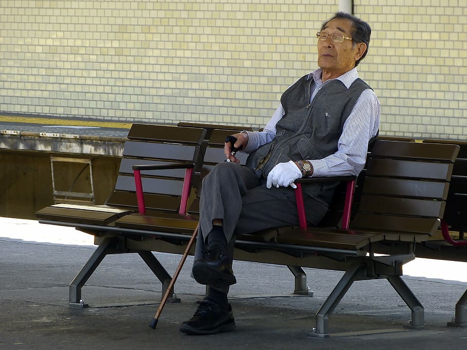 man, sitting, black, wooden, bench, holding, walking, cane, japanese, old man