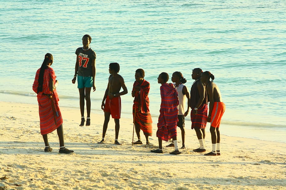 zanzibar, masai, beach, young people, training, jump, having fun, group of people, land, real people