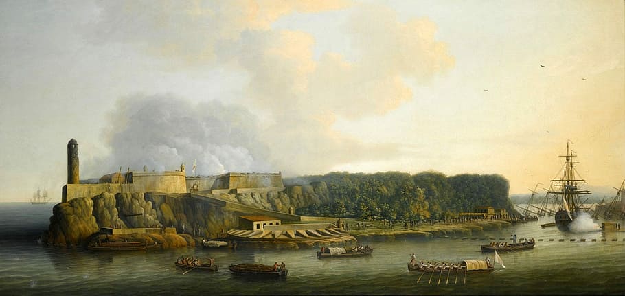lanskap kastil morro, 1762, Kastil Morro, lanskap, Havana, Kuba, foto, lukisan, domain publik, laut