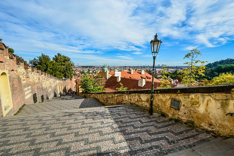 post beside wall, prague, staircase, stairs, view, skyline, castle, steps, stone, city