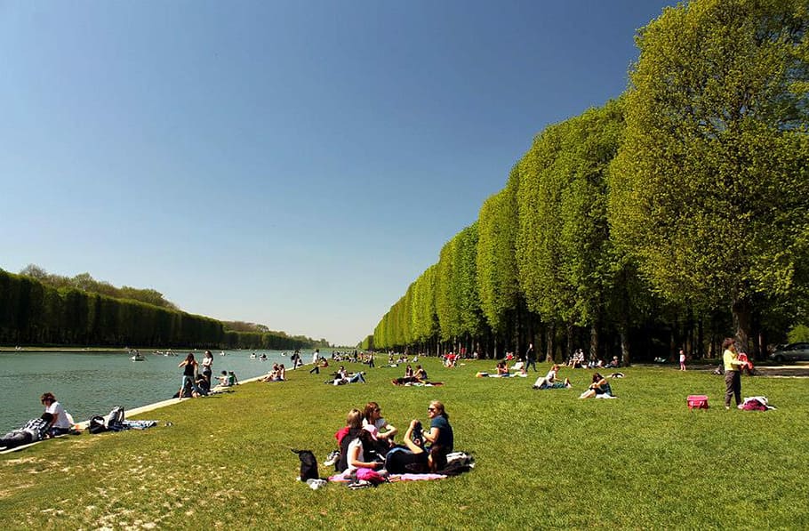 people, gathered, inside, park, trees, water, Parking, France, Versailles, Gardens