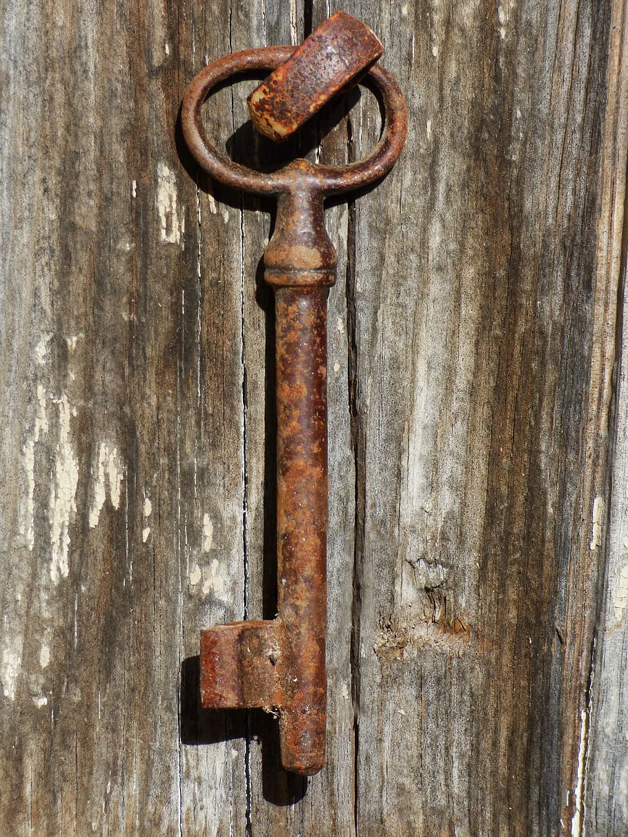 Puerta, llave, hierro, madera, viejo, colgar, colgar la llave, madera - material, primer plano, oxidado
