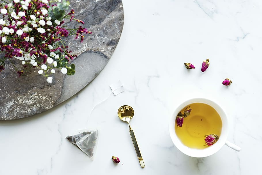 white, ceramic, sup, gold spoon, surface, flower, aerial, background, beverage, break