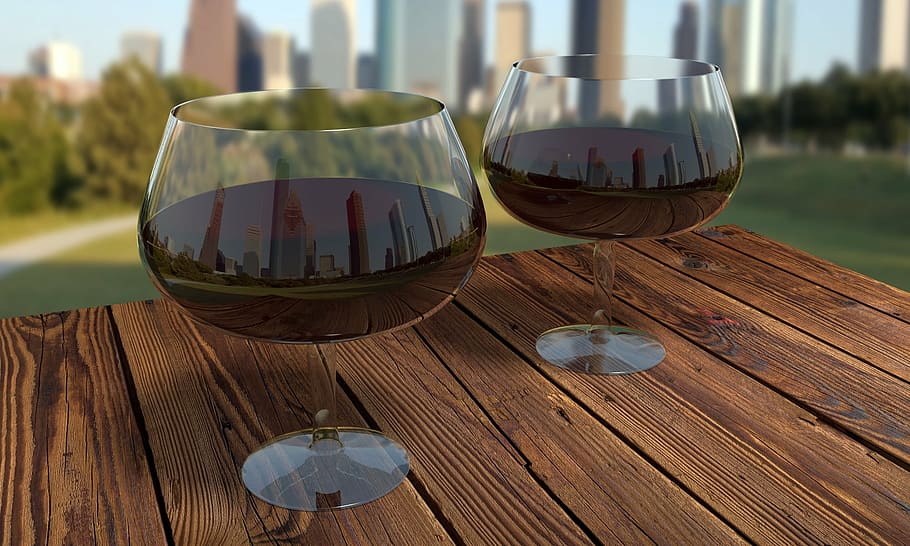 two, wine glasses, filled, table, wine, glass, glass of wine, alcohol, drink, wine glass