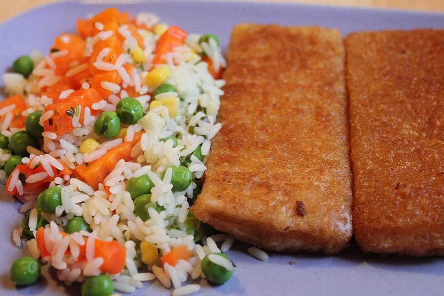 fried fish, rice, carrots, root, peas, food and drink, food, ready-to-eat, healthy eating, freshness