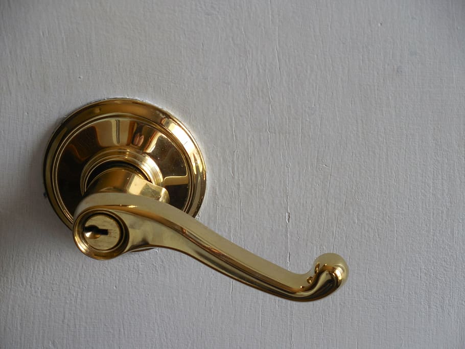 gold-colored door lever, door, handle, metal, lock, entrance, home, wooden, wood, house