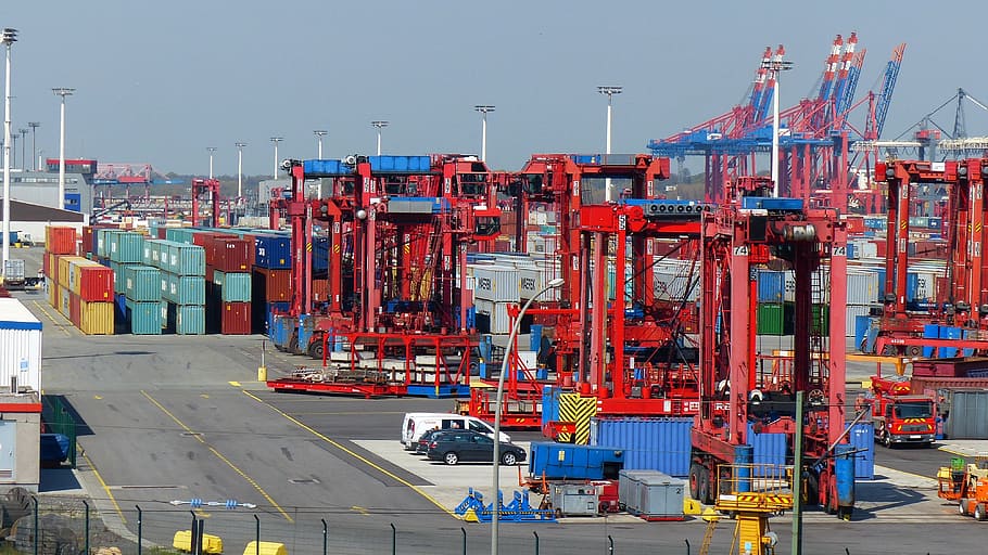 red, intermodal, cranes, port, container lifter, container, container platform, raise, freight transport, industry