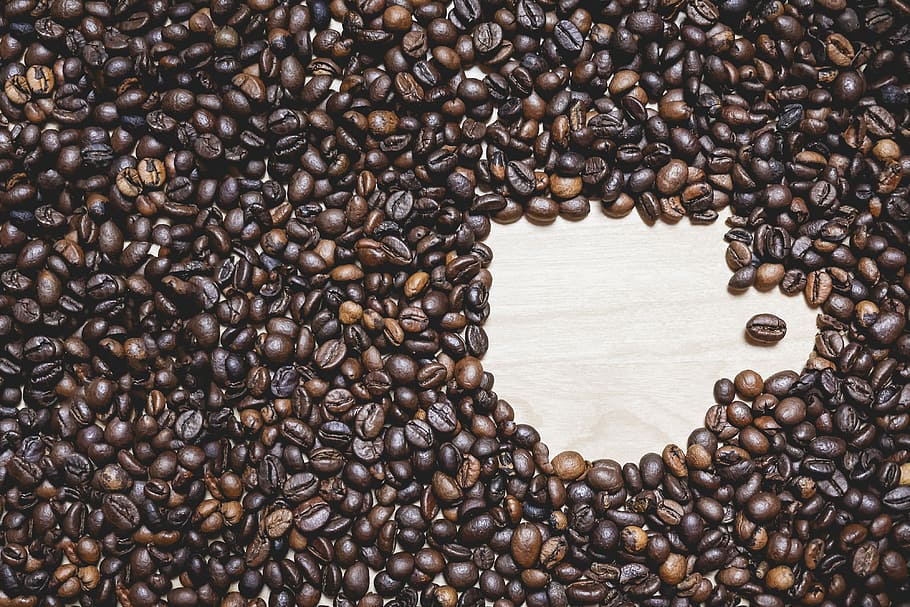 forma de xícara de café, xícara de café, forma, grãos de café, marrom, café, copo, espaço para texto, topo, feijão