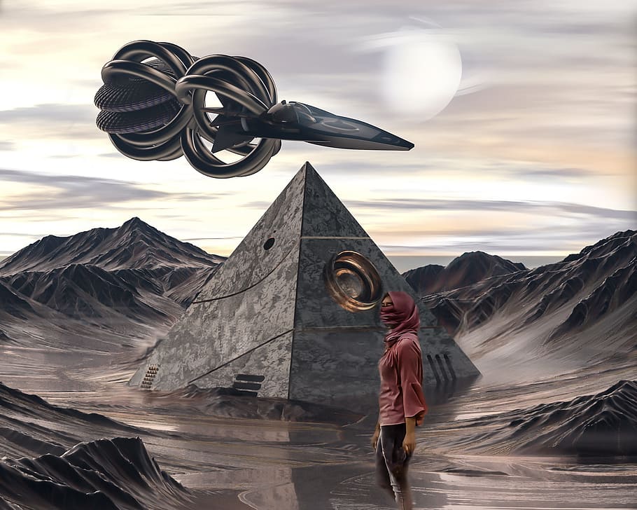 persona, en pie, pirámide 3, 3d, papel pintado, futuro, adelante, futurista, ciencia ficción, astronave