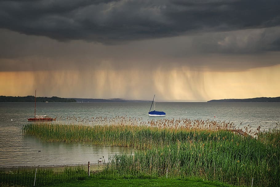 starnberger see, dusk, lake, water, upper bavaria, landscape, nature, rain, thunderstorm, reed