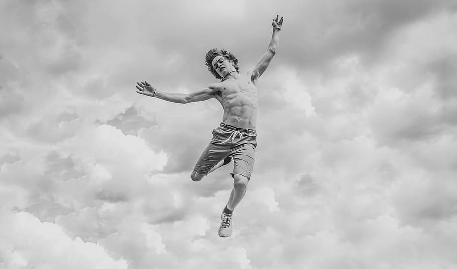 grayscale photo, man, jumping, black, white, people, guy, black and white, sky, clouds