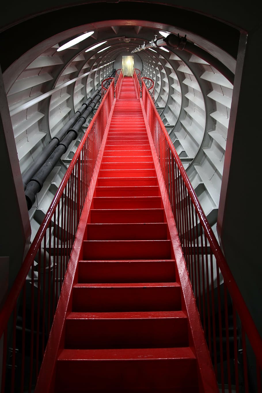 red, metal staircase, going, upward, stairs, atomium, brussels, staircase, world's fair, places of interest