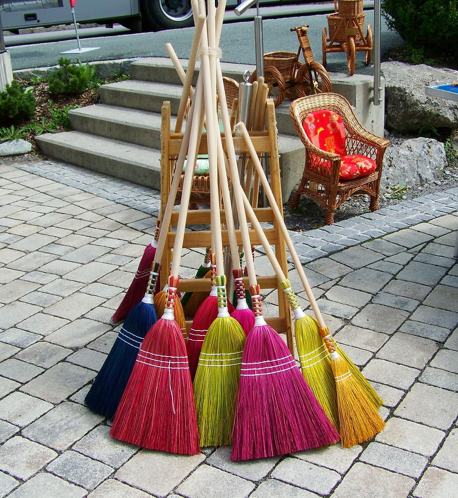 Brooms, Color, Crafts, day, outdoors, hanging, multi colored, close-up, broom, footpath