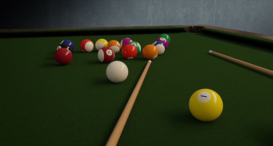 billiard balls, cue sticks, green, pool table, billiards, balls, table, cloth, play, sport