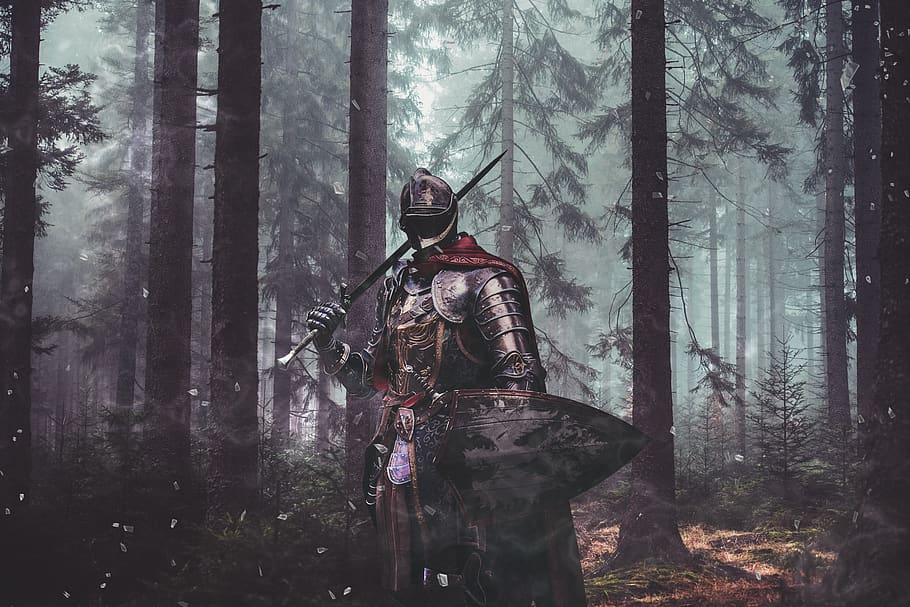 knight, gloomy, mystic, sword, shield, atmosphere, fantasy, montage, story, forest