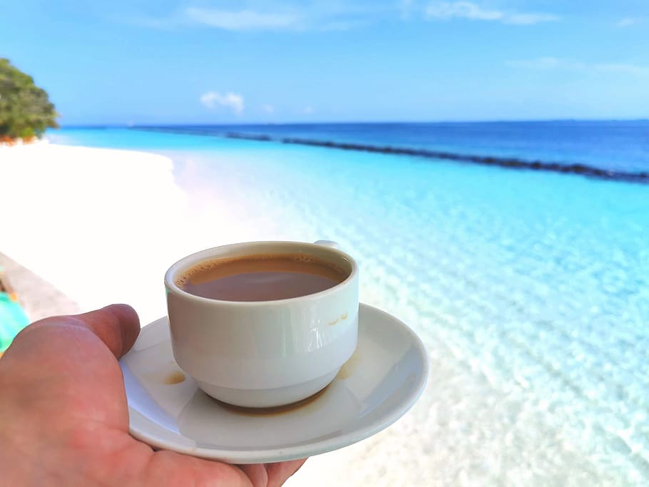 coffee, beach, paradise, maldives, breakfast, sea, cup, drink, human hand, ...