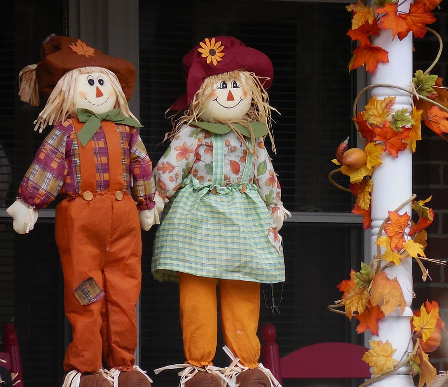two, scarecrow, plush, toys, porch, decoration, autumn, harvest, season, seasonal