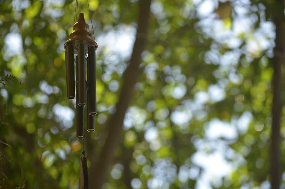 wind chimes, pendant, asian bell, flying, blur, wind bell, sound, focus on foreground, tree, plant