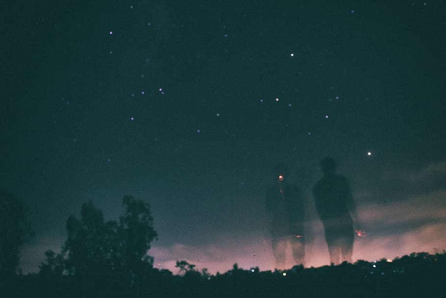 silhouette, trees, starry sky, shadow, two, people, dark, night, man, alone