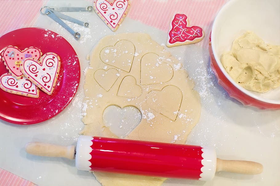 white, red, bread roller, table-top, bowl, valentine's day, baking, baking cookies, heart-shaped cookies, dough