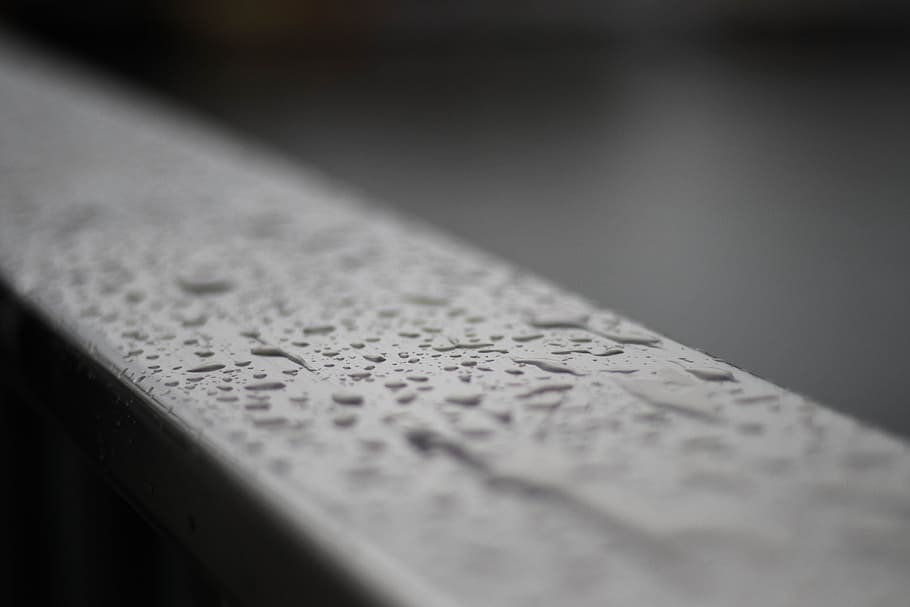 selective, focus photography, water, drops, gray, surface, metal, rain, cold, gutter