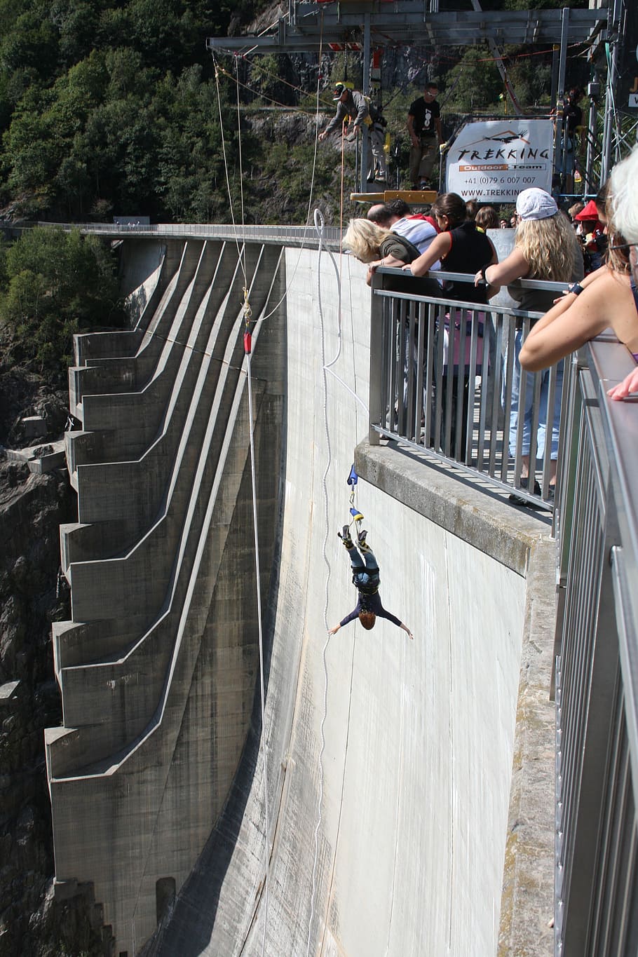 bungee jumping, dam, verzasca, ticino, switzerland, real people, architecture, men, staircase, railing