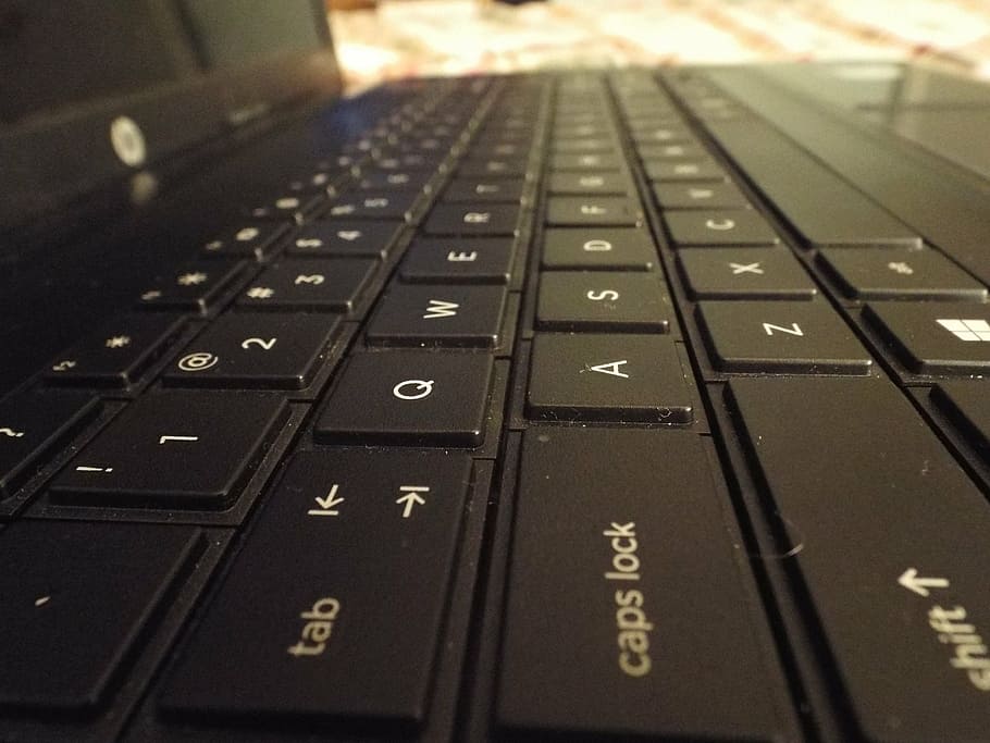 black hp laptop, computer, closeup, tech, technology, keyboard, pc, device, close-up, selective focus