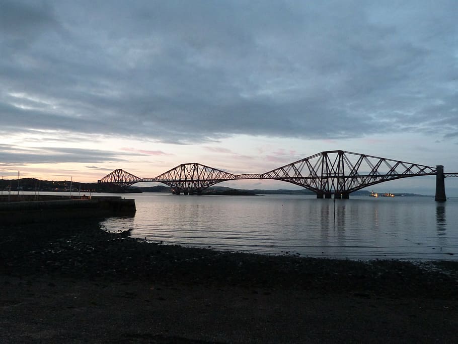 forth road railway bridge, railway bridge, scotland, dusk, rail, bridge, steel, metal frame, architectural, water