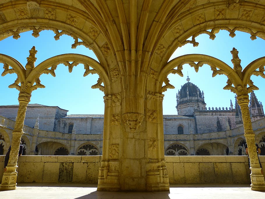 beige, concrete, building, interior, mosteiro dos jerónimos, jeronimo monastery, cloister, belem, manueline, unesco world heritage