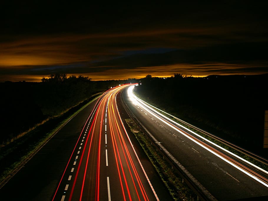 black, orange, asphalt road, highway, night, traffic, light, motion, long exposure, street